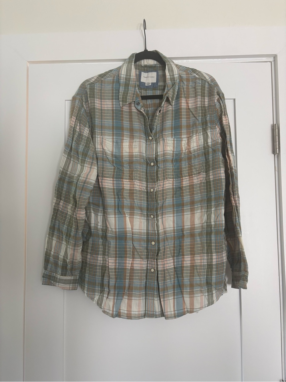 American Eagle Sage Green Plaid Pearl Snap Western Flannel M